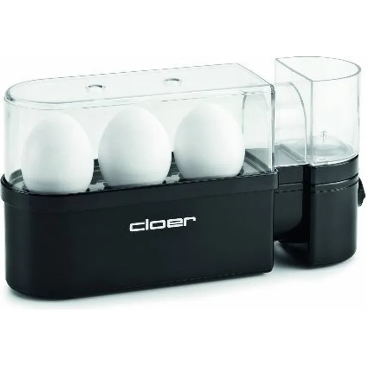 Cloer 6020 Eierkocher mit Servierfunktion - 300 W - 3 Eier - antihaftbeschichtete Heizplatte - im Deckel integrierter Messbecher und Eierpiekser - akustische Fertigmeldung 
