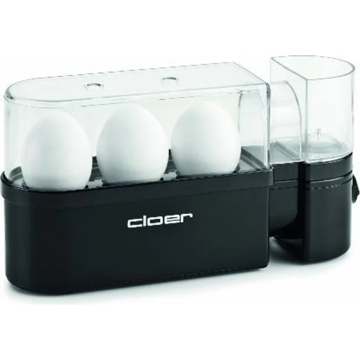 Cloer 6020 Eierkocher mit Servierfunktion - 300 W - 3 Eier - antihaftbeschichtete Heizplatte - im Deckel integrierter Messbecher und Eierpiekser - akustische Fertigmeldung  – Bild 1