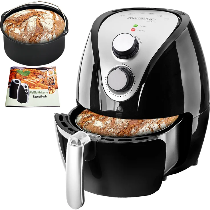 monzana Heißluftfritteuse 3,6l mit Brotbackkorb und Rezeptheft 9in1 Fritteuse 1500W schwarz