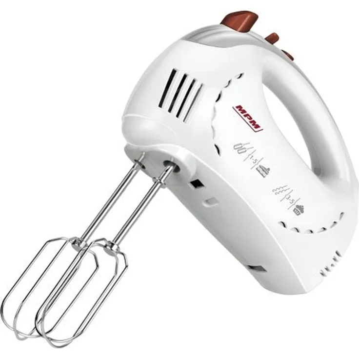 MPM MMR-15 Handgeführter Gebäckmischer, 5-Gang + Turbo, Edelstahlstangen und Knethaken, 300W, 300, Weiß