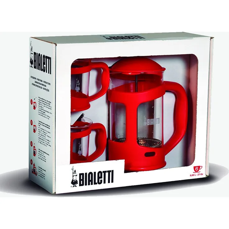 Bialetti Kaffebereiter Set mit 2 Tassen, Glas, rot, 20 cm, 3-Einheiten