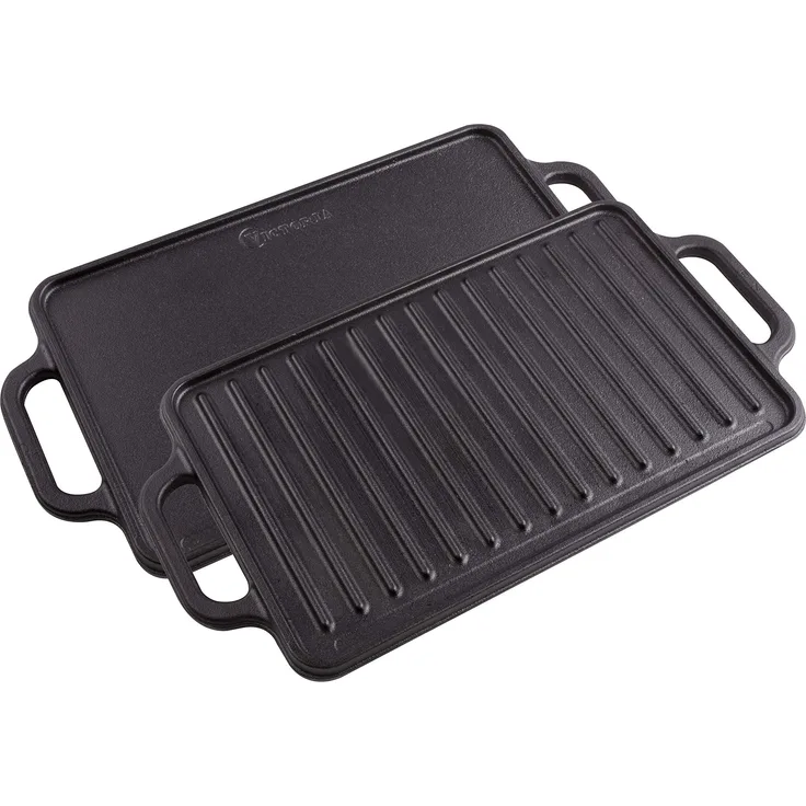 Victoria GDL-189 Rectangular Cast Iron Double Burner, Reversible Griddle Grill Seasoned with 100% Kosher Certified Non-GMO Flaxseed Oil, 13 x 8,3 Inch, Black