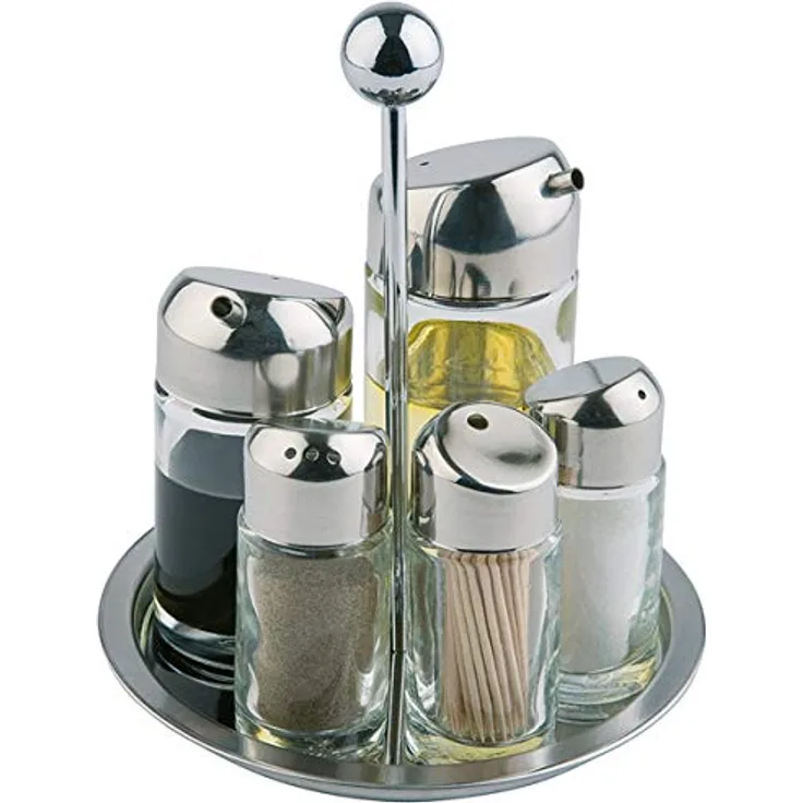 APS Menage, Essig- und Öl Set, Tischgestell für Salz, Pfeffer, Essig, Öl, Zahnstocher, drehbares Gestell, Glasbehälter mit Edelstahl-Deckel und Drehverschluss, 16 x 16 cm, 20 cm Höhe