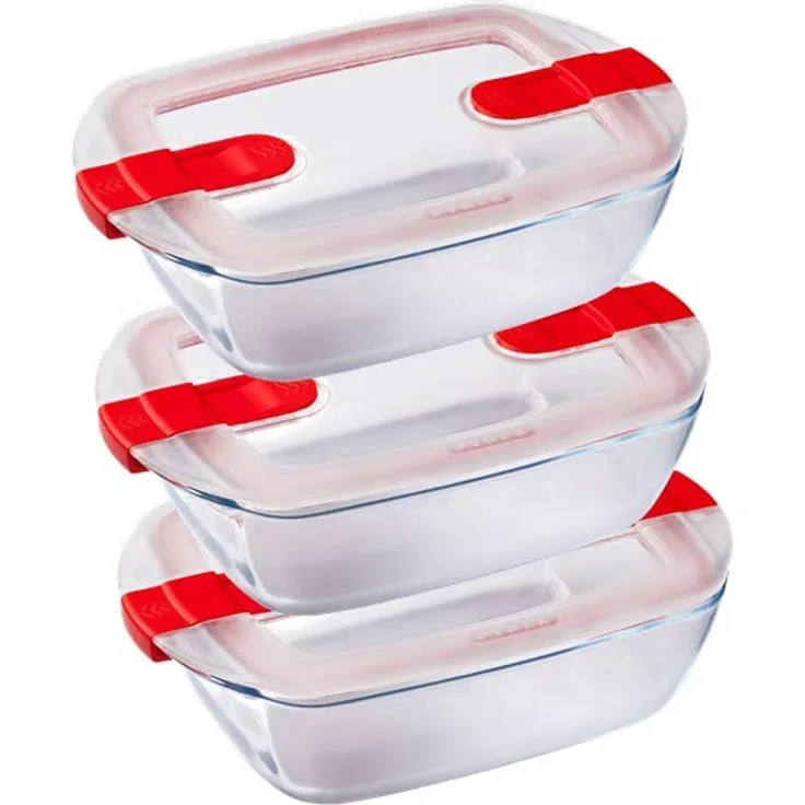 Pyrex Cook and Heat Cook & Heat Set aus 3 Lebensmitteln, rechteckig, Glas 1,1 l, mit luftdichtem Deckel, speziell für die Mikrowelle Frischhaltedosen
