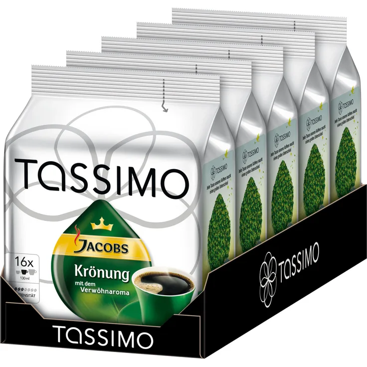 Tassimo Jacobs Krönung, Kaffee, Arabica, Kaffeekapsel, gemahlener Röstkaffee, 5er Pack, 5 x 16 T-Discs