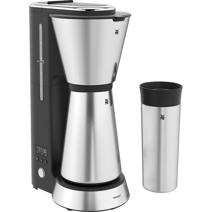 WMF Küchenminis Aroma Kaffeemaschine mit Thermoskanne (760 Watt, Filterkaffee 5 Tassen, Thermobecher to go (350ml), 24 Stunden-Timer, Abschaltautomatik) cromargan matt – Bild 1