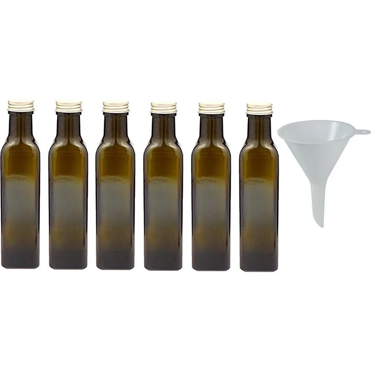 Viva Haushaltswaren 6 x braune Glasflasche - Ölflasche 250 ml mit goldfarbenem Verschluss, leere Flaschen als Vorratsbehälter & Essigflasche verwendbar inkl. Trichter Ø 7 cm
