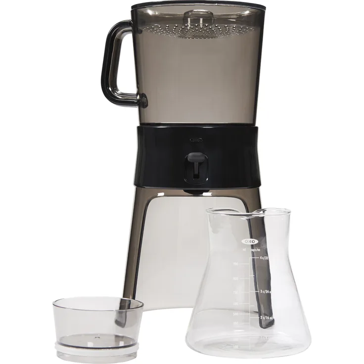 OXO Good Grips Kaffeebereiter, Edelstahlfilter, Glas-Karaffe, Silikondichtung, Schwarz, Transparent, 24 x 24 x 70 cm