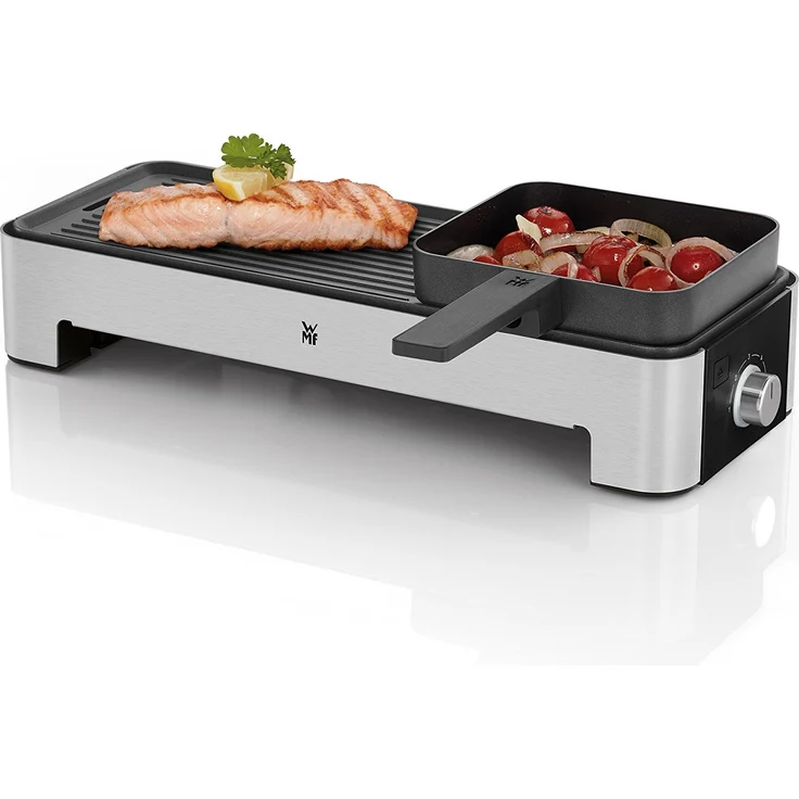 WMF KÜCHENminis Tischgrill für 2, Elektrogrill mit kompakter Grillfläche und variabler Temperatureinstellung, 1000 W, flache & gerippte Grillfläche, 35,5 x 12,3 cm, edelstahl, schwarz – Bild 1