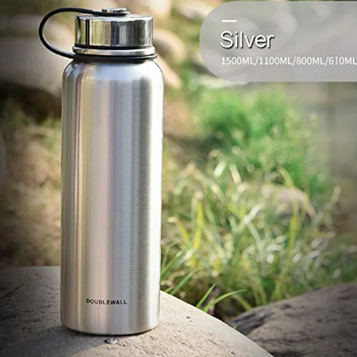 MIGHTYDUTY 610-800-1100-1500ML Thermosflasche, vakuumisolierte Wasserflasche Edelstahlflasche, tragbar, 6-24 Stunden, warm und kühlend, Sport-Wasserbecher für Laufen, Yoga, Fitness (Silber 1500ML)
