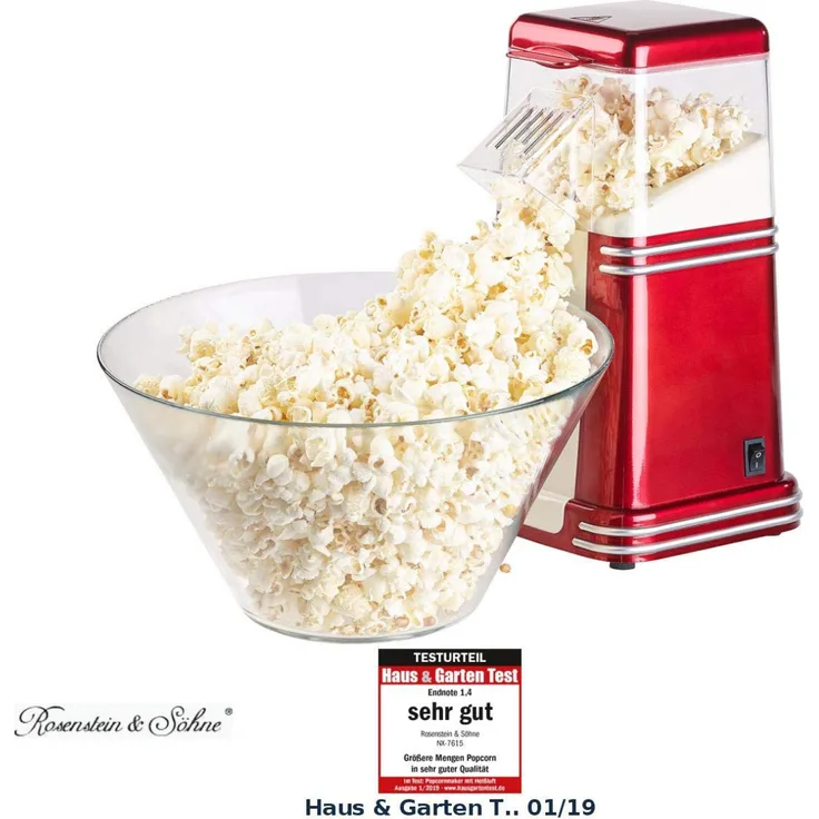 Rosenstein & Söhne Popcornmaschine XL Heißluft Popcorn Maschine für bis zu 100 g Mais, 1200W, rot