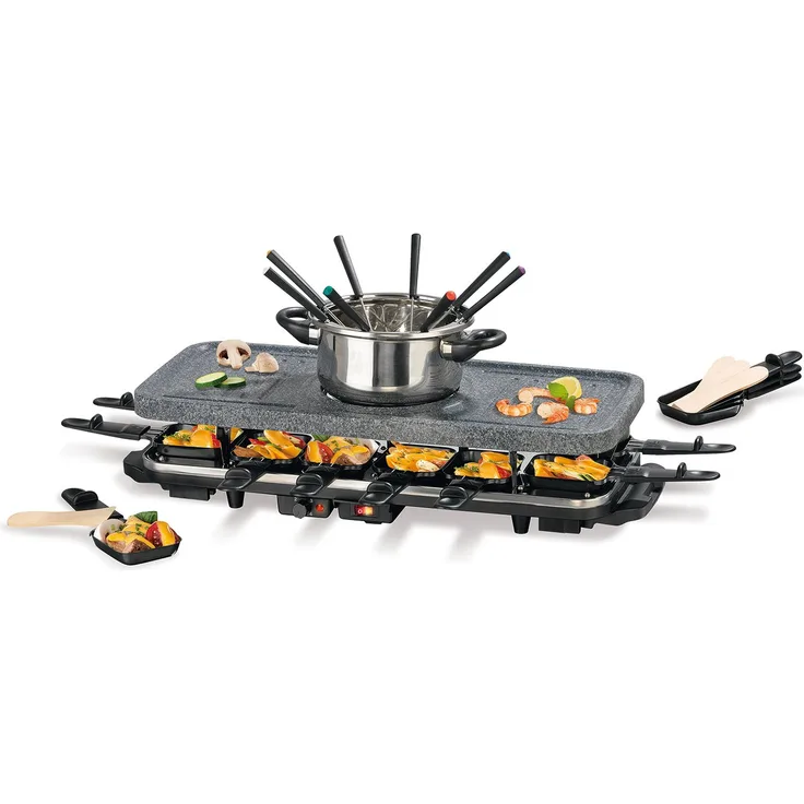 GOURMETmaxx 00972 Raclette Grill mit Fondue Set, für bis zu 12 Personen, 1600 W, Granit-look, silber, schwarz
