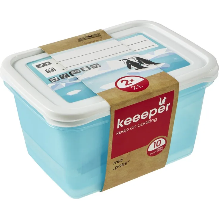 keeeper Tiefkühldosenset 2-teilig, Wiederbeschreibbarer Deckel, 2 x 2 l, 20,5 x 15,5 x 10,5 cm, Mia Polar, Eisblau Transparent