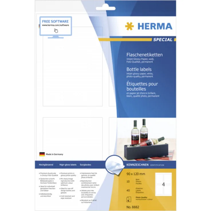 HERMA 8882 Flaschen-Etiketten für Tintenstrahldrucker DIN A4 (90 x 120 mm, 10 Blatt, Papier, glänzend) selbstklebend, bedruckbar, permanent haftende Inkjet Aufkleber, 40 Klebeetiketten, weiß