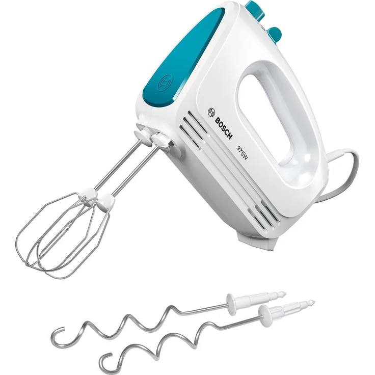 Bosch MFQ2210D Handrührer, moderne Motortechnik, 2 Rührbesen, 2 Edelstahl-Knethaken, 4 Geschwindigkeitsstufen, 375 W, weiß - dynamic blau – Bild 1