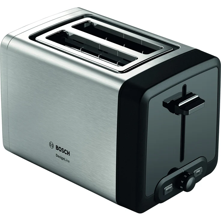 Bosch TAT4P420DE DesignLine Toaster, 970W, Auftau-Aufwärmfunktion, versenkbarer Brötchenaufsatz, Abschaltautomatik, schwarz, silber – Bild 1