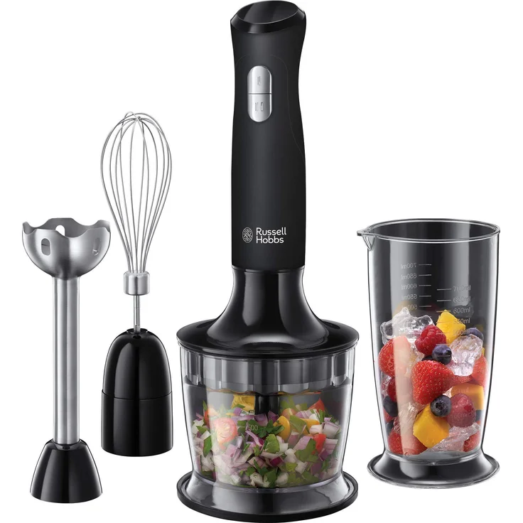 Russell Hobbs Stabmixer 3-in1 Matt Schwarz (Zerkleinerer, Mixer- & Schneebesenaufsatz) BPA-freies & spülmaschinenfestes Zubehör, Pürierstab f. Smoothie, Suppen, Joghurt, Saucen, Babynahrung 24702-56 – Bild 1