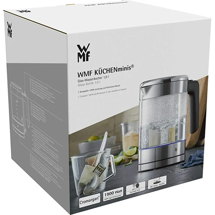 WMF Küchenminis Glas-Wasserkocher (1900 Watt, 1,0 l, kabellos, Wasserstandanzeige, Kalk-Wasserfilter, Kochstoppautomatik) cromargan matt – Bild 7