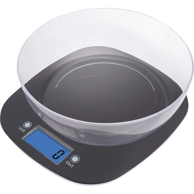 EMOS Küchenwaage mit Schüssel-Digitalwaage mit beleuchtetem LCD Display-Tara-Funktion-Nahrungsmittelskala-Elektronische Waage-Präzision bis zu 1g - Tragkraft 5 kg, Schwarz, 22,3 x 19,8 x 2 cm