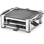 Rommelsbacher RCC 1000 Raclette-Grill Tischgrill, für 4 Personen, gerippte Alu-Druckguss-Grillplatte mit Xylan Plus Antihaftbeschichtung, Parkdeck, 4 Pfännchen, 4 Schaber, 1000 W chrom