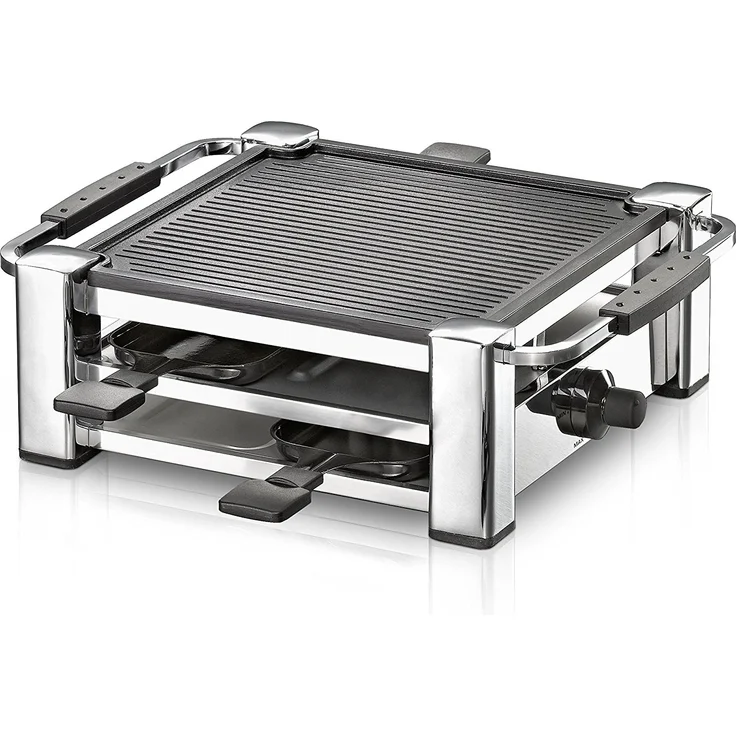 Rommelsbacher RCC 1000 Raclette-Grill Tischgrill, für 4 Personen, gerippte Alu-Druckguss-Grillplatte mit Xylan Plus Antihaftbeschichtung, Parkdeck, 4 Pfännchen, 4 Schaber, 1000 W chrom – Bild 1