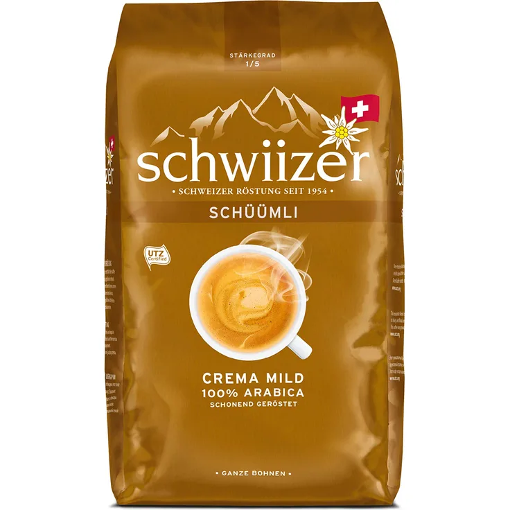 Schüümli Mild Ganze Kaffeebohnen (1kg, Stärkegrad 1-5, Premium Arabica) 1er Pack x 1kg
