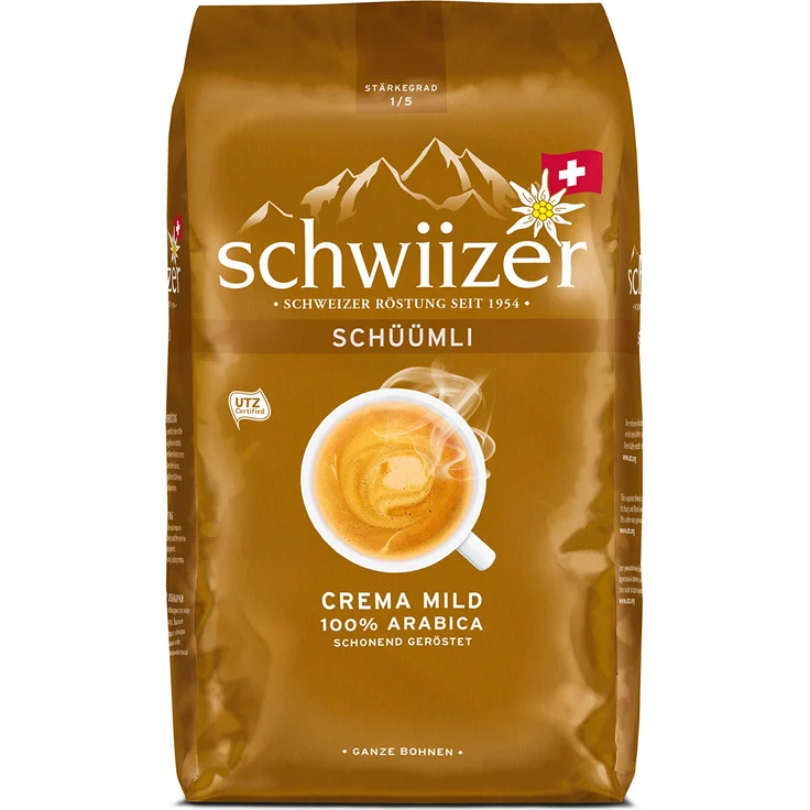 Schüümli Mild Ganze Kaffeebohnen (1kg, Stärkegrad 1-5, Premium Arabica) 1er Pack x 1kg