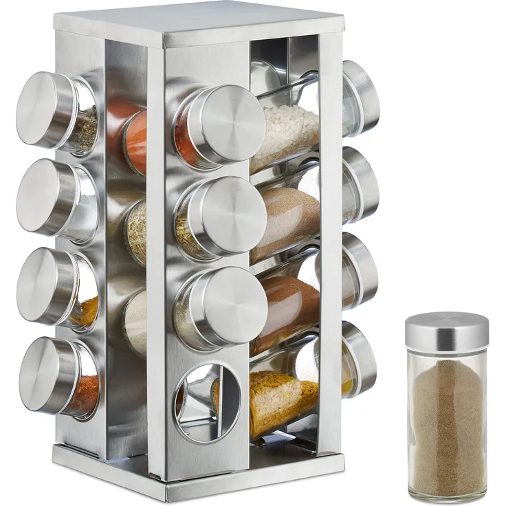 Relaxdays Gewürzkarussell mit 16 Gewürzdosen, 360° drehbar, durchsichtige Gewürzgläser zum Streuen, Edelstahl, silber