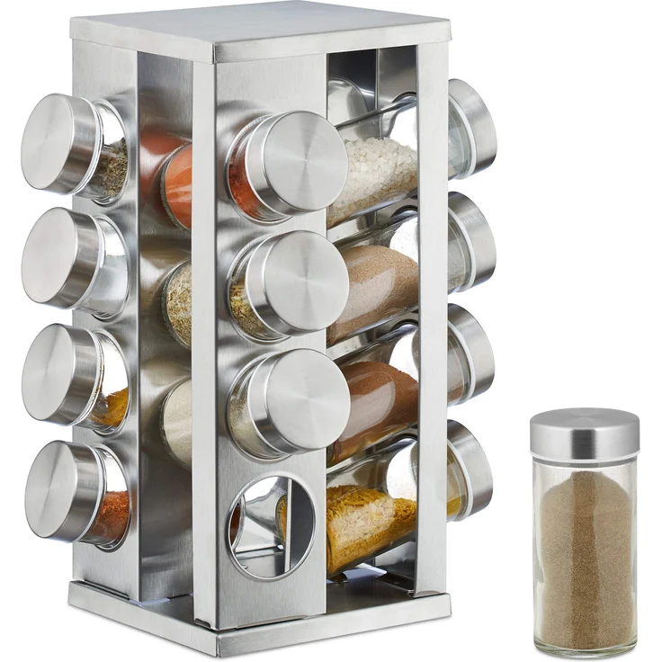 Relaxdays Gewürzkarussell mit 16 Gewürzdosen, 360° drehbar, durchsichtige Gewürzgläser zum Streuen, Edelstahl, silber