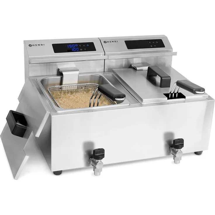 HENDI Fritteuse Mastercook, Digital, TischFritteuse, Sicherhetsthermostat, Frittierkorb mit extra langen Griff, Kaltzone längere Öl Lebensdauer, 2x8L, 230V, 3500W, 605x515xH345mm, Edelstahl 18-0