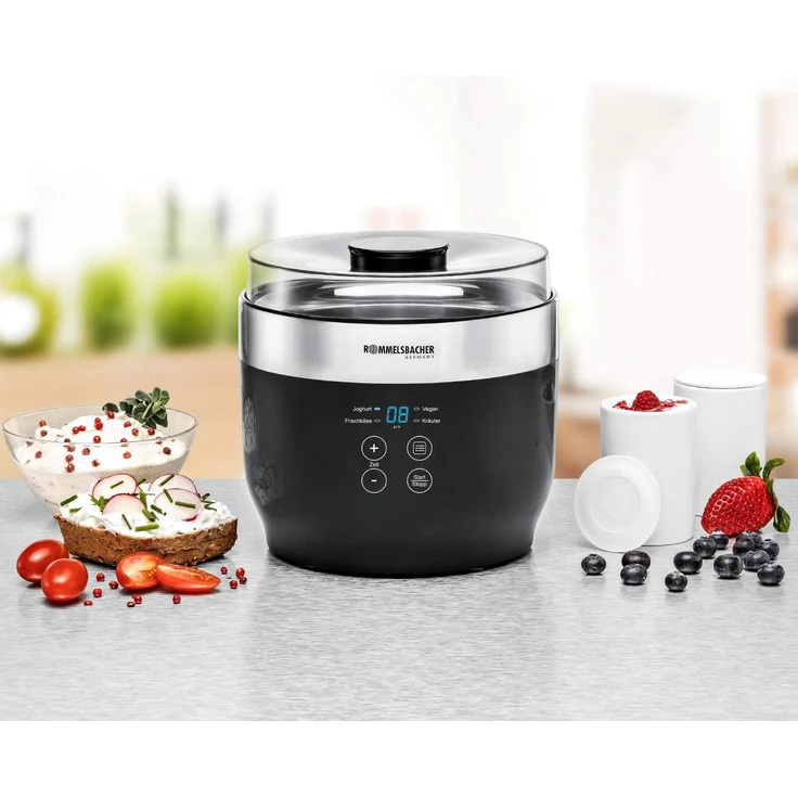 Rommelsbacher JG80 Jona Joghurt- und Frischkäsezubereiter inklusive 4 Keramik Portionsbecher à 125 ml mit Deckel, 2 XXL Glasbehälter à 1,2 Liter mit Deckel, Abtropfsieb mit Deckel, schwarz, edelstahl – Bild 2