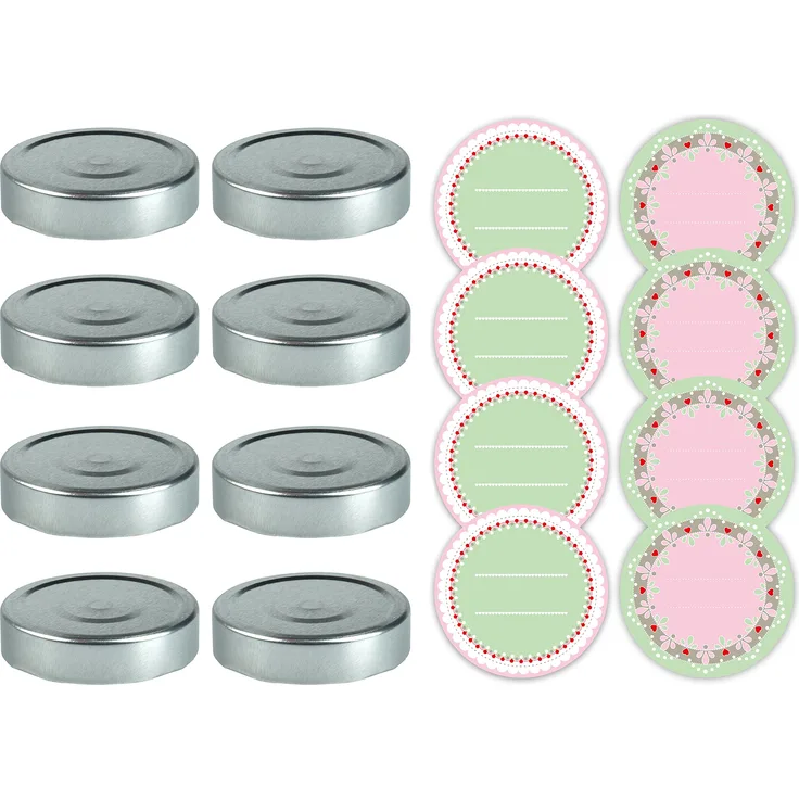 Dr. Oetker Deckel Twist-Off+Aufkleber, Weißblech, Silber-grün-rot-weiß-rosa, 8,5 x 8,5 x 1 cm, 8-Einheiten