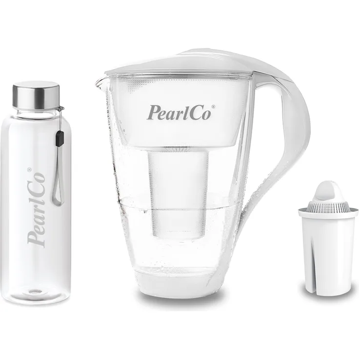 PearlCo Glas Wasserfilter inkl. 1 Universal Kartusche plus Glasflasche Weiß