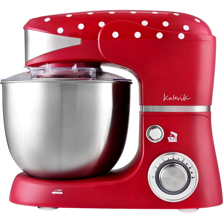 Team Kalorik TKG M 3014 Design-Küchenmaschine mit Edelstahl-Schneebesen, Druckgussrühr- und -knethaken | 6 Geschwindigkeiten, Kunststoff, 5 liters, Rot