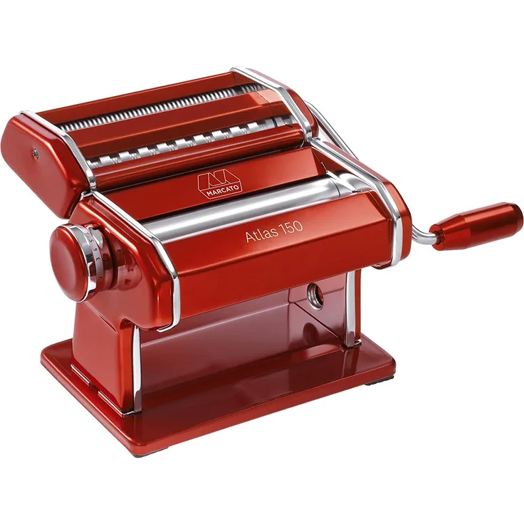 Marcato Nudelmaschine Atlas 150, geeignet für Lasagne, Tagliatelle, Bandnudeln und Spaghetti, Aluminium, rot
