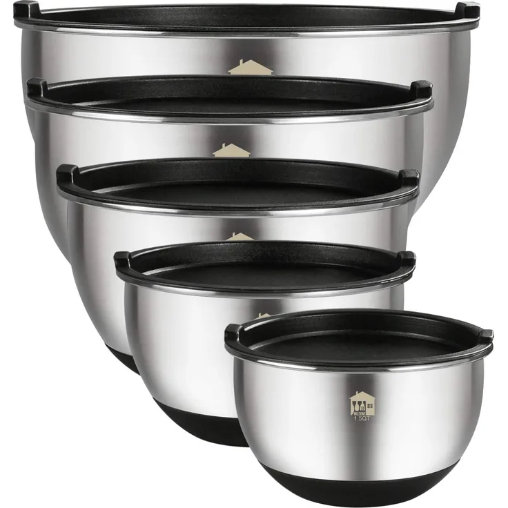 Wildone Rührschüssel-Set, Edelstahl, mit Deckel, Messlinien und Silikonboden, Größe 8, 5, 3, 2, 1,5 QT, rutschfest und stapelbar, ideal zum Mischen und Vorbereiten 5 Piece silber