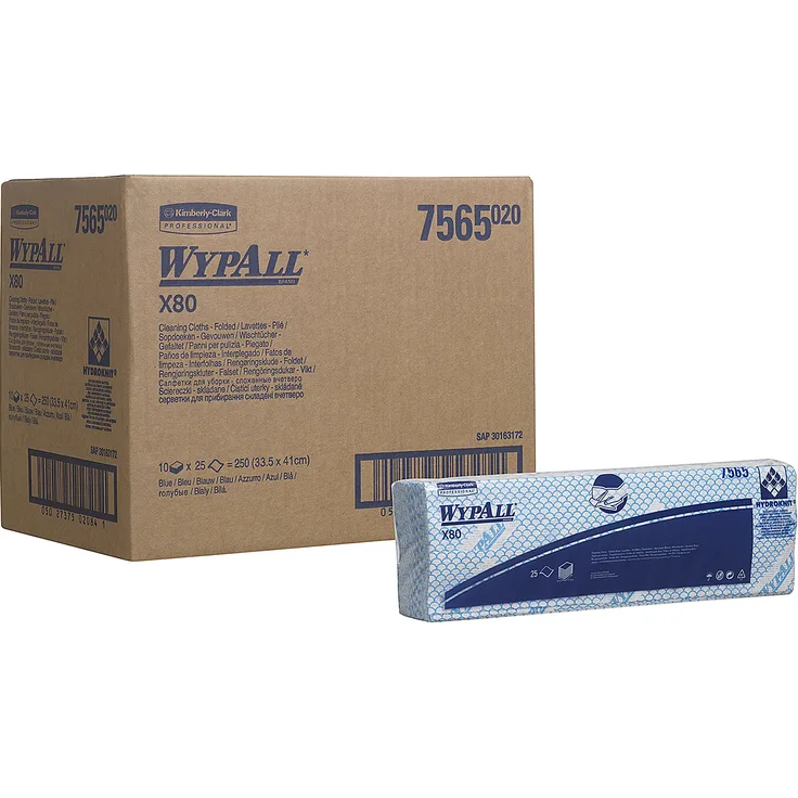 WypAll X80-Reinigungstücher 7565 – 10 Packungen mit jeweils 25 blauen, 1-lagigen, gefalteten Tüchern