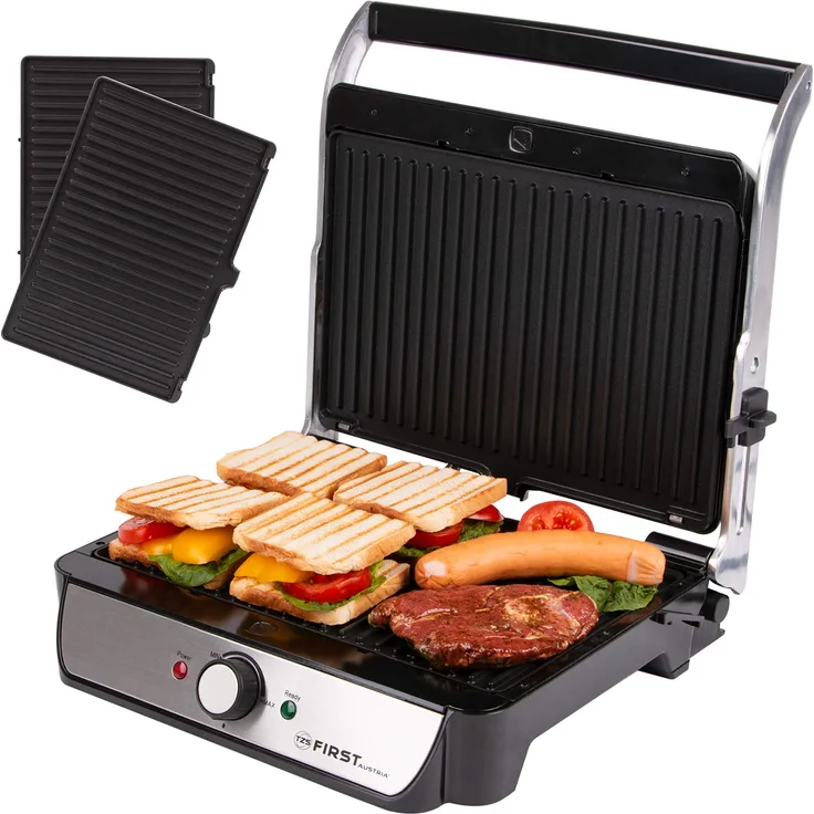 TZS First Austria XXL elektrischer Kontaktgrill, 2000 W, mit herausnehmbaren Platten, edelstahl, schwarz