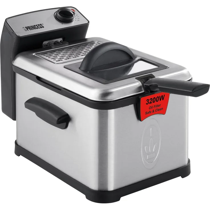 Princess 183001 Edelstahl Fritteuse, 3 Liter Fassungsvermögen, mit Öl, 3490 Watt, Ölfilter und Kaltzonenfunktion