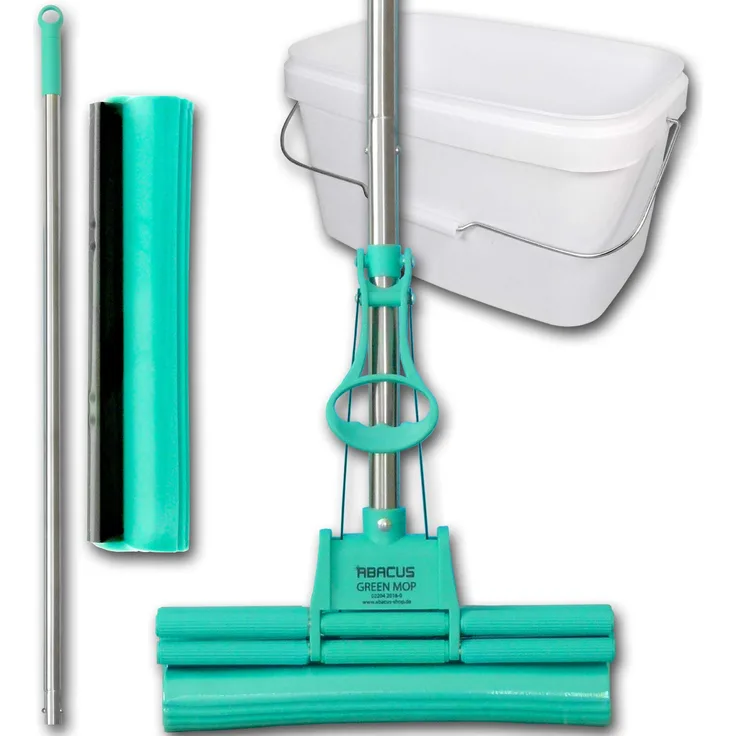 ABACUS GREEN MOP Set 30-02 (6062) 30 cm Mopp + Stiel + 30cm Ersatzschwammm + 10 Liter Eimer weiß - Doppelwringer Wischmop PVA Bodenwischer Wringmop Mopp GreenMopp 4-Rollen Doppelwringsystem