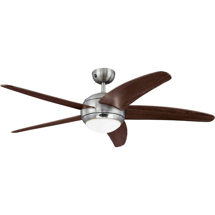 Westinghouse Bendan 72557 Deckenventilator, 132 cm, mit Einzelleuchte und fünf Flügeln, Ausführung in seidenmattem Chrom mit Opalmilchglas