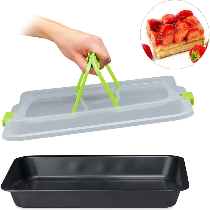 Relaxdays Backblech mit Deckel, Partycontainer, Kuchenbox, mit Tragegriffen, eckig, 3in1, BxT: 40 x 33 cm, grün-schwarz