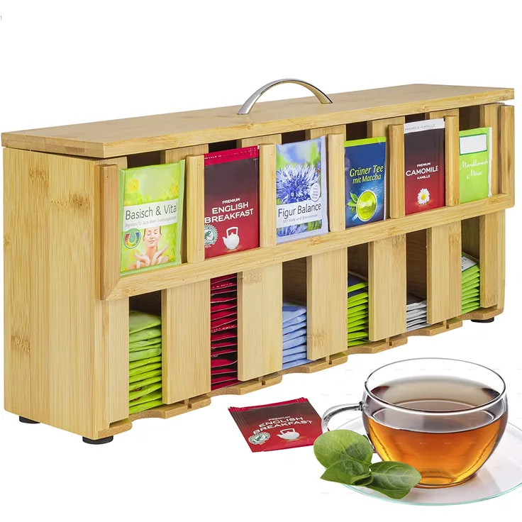 ONVAYA Teebox aus Holz, Teekiste mit 6 Fächern, Teebeutelbox für ca. 200 Teebeutel, Teebeutel Organizer