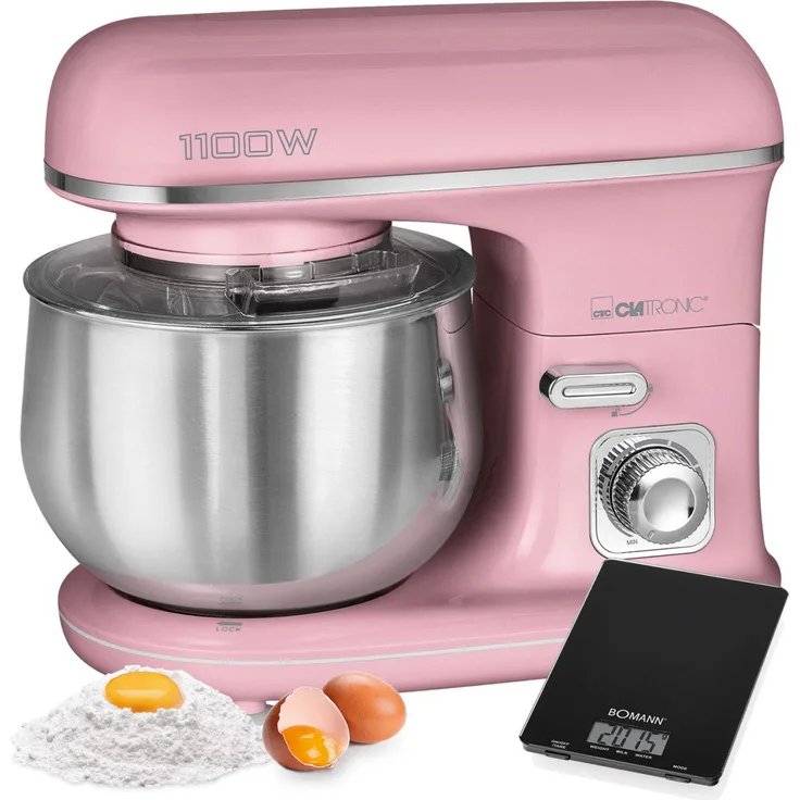 Clatronic KM 3711 Küchenmaschine, 1100W, 5L, Vintage Design, inkl. Küchenwaage, pink