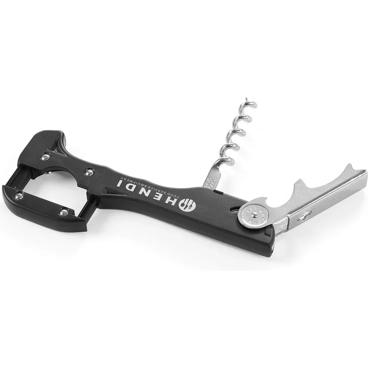 HENDI Kellnerkorkenzieher, mit Griff aus ABS Kunststoff, 3 Funktionen, Patentierter Hebel und Folienschneider, Korkenzieher & Flaschenöffner, 37x130x(H)14mm, Edelstahl, ABS Kunststoff