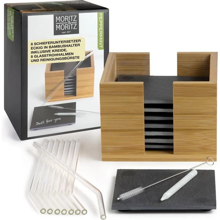 Moritz & Moritz Schieferset Peppermint - Schiefer Untersetzer eckig mit Glas Strohhalmen und Kreide
