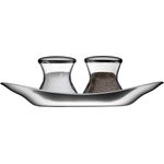 WMF Wagenfeld Streuer Set, Max und Moritz 3-teilig, mit Teller Salzsteuer Pfefferstreuer Glas, Cromargan Edelstahl mattiert spülmaschinengeeignet, H 6 cm