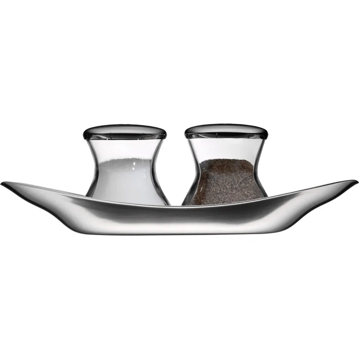 WMF Wagenfeld Streuer Set, Max und Moritz 3-teilig, mit Teller Salzsteuer Pfefferstreuer Glas, Cromargan Edelstahl mattiert spülmaschinengeeignet, H 6 cm