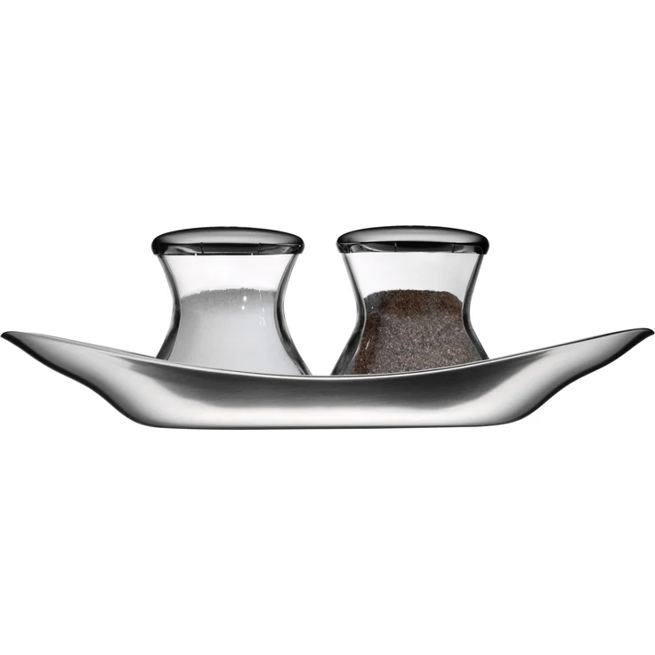 WMF Wagenfeld Streuer Set, Max und Moritz 3-teilig, mit Teller Salzsteuer Pfefferstreuer Glas, Cromargan Edelstahl mattiert spülmaschinengeeignet, H 6 cm – Bild 1