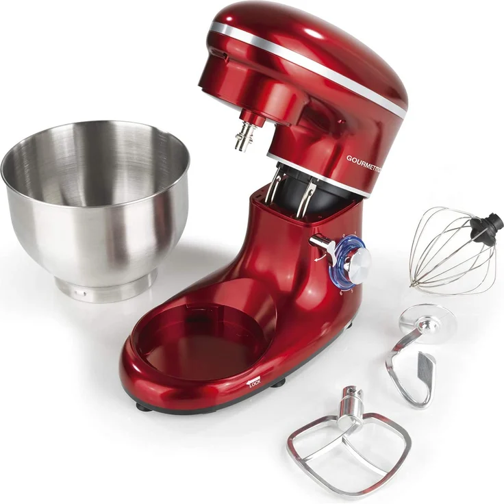 GOURMETmaxx Küchenmaschine schwarz, Direktantrieb, 1500 Watt, 5 L, 6 Geschwindigkeitsstufen, Patisserie-Set, rot – Bild 3
